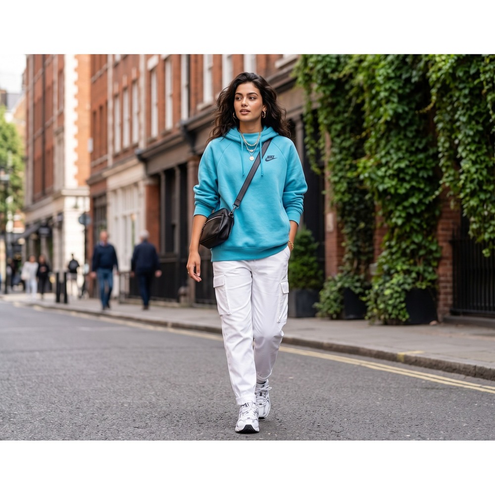 Nike Funnel Neck Hoodie Women L Turquoise Blue Scuba Fleece Pullover 2570